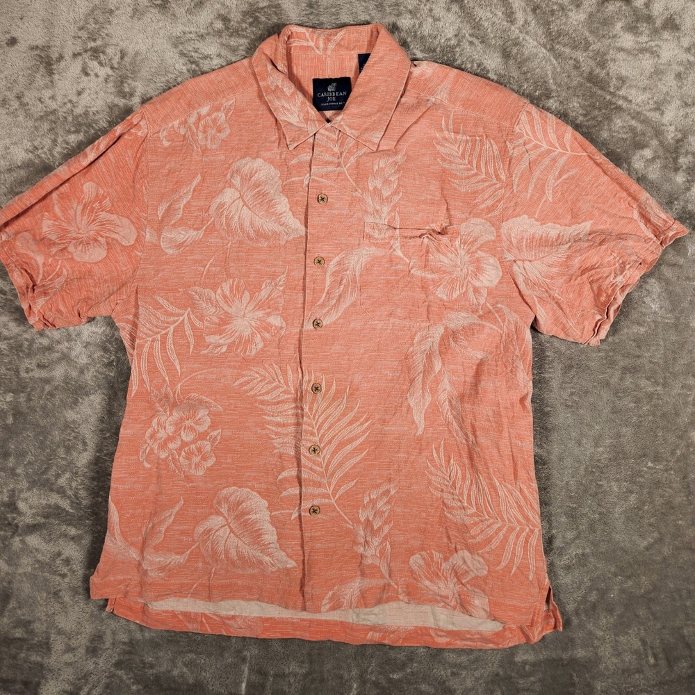 Caribbean Joe Shirt Mens Large Island Supply Coral Silk Tropical Floral Button